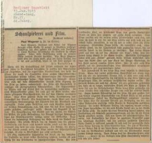 Artikel "Schauspielerei und Film", Berliner Tageblatt (15.01.1915).
