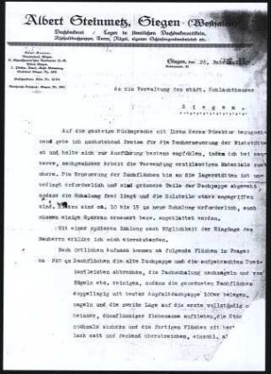 Firmenbriefkopf Steinmetz, Albert, Siegen ( Westfalen), Dachdeckerei