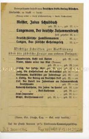 Werbeschrift für antisemitische Literatur über den 1. Weltkrieg