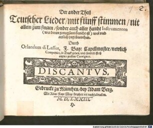 Der ander Theil Teutscher Lieder, mit fünff stimmen, nit allein zum singen, sonder auch aller handt Instrumenten (wer deren genugsam bericht ist) wol vnd artlich zugebrauchen
