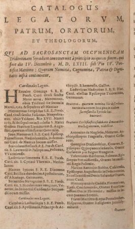 Catalogus Legatorvm, Patrum, Oratorum, Et Theologorum.