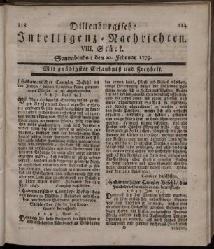 VIII. Stück. Sonnabends: den 20. Februar 1779.