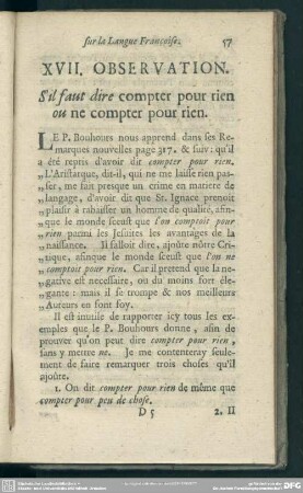 XVII. Observation. S' il faut dire compter pour rien ou ne compter pour rien