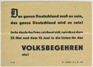 Aufruf des Demokratischen Frauenbund Deutschlands an alle Frauen zur Einzeichnung beim Volksbegehren 1948