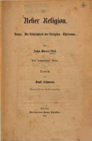 Ueber Religion : 3 nachgelassene Essays
