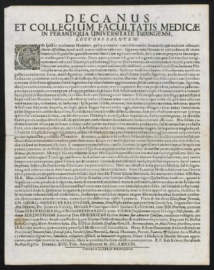 Decanus Et Collegium Facultatis Medicae In Perantiqua Universitate Tubingensi, Lectori Salutem!