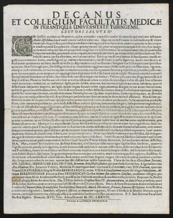 Decanus Et Collegium Facultatis Medicae In Perantiqua Universitate Tubingensi, Lectori Salutem!
