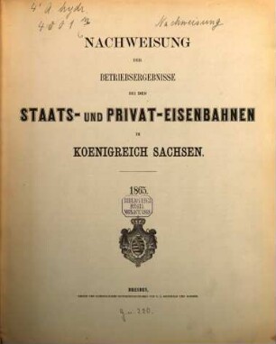Nachweisung der Betriebsergebnisse bei den Staats- und Privat-Eisenbahnen im Königreich Sachsen. 1865 (1866)