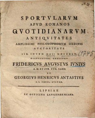 Sportvlarvm Apvd Romanos Qvotidianarvm Antiqvitates