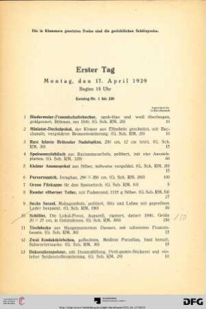 Erster Auktionstag: Montag, den 17. April 1939, Beginn 15 Uhr  (Nr. 1-220)