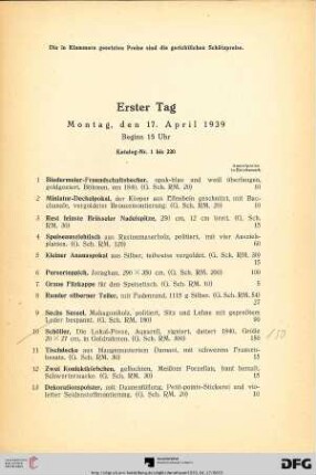 Erster Auktionstag: Montag, den 17. April 1939, Beginn 15 Uhr  (Nr. 1-220)
