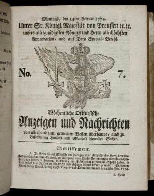 No. 7. Montags, den 14ten Februar 1774