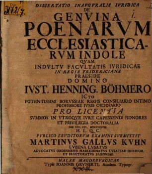 Dissertatio Inavgvralis Ivridica De Genvina Poenarvm Ecclesiasticarvm Indole