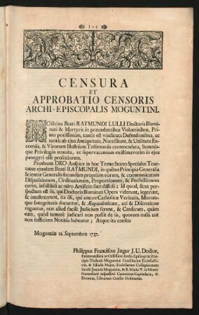 Censura Et Approbatio Censoris Archi-Episcopalis Moguntini