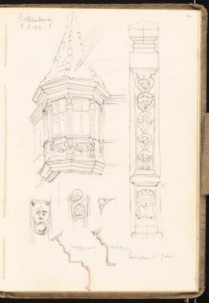 Skizzenbuch 1901: Erker, Bauornamentik in Rothenburg/Tauber, perspektivische Ansicht, Ansichten