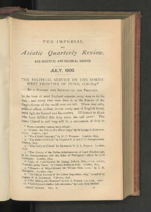 The Political Service on the North-West Frontier of India, 1838-1899.