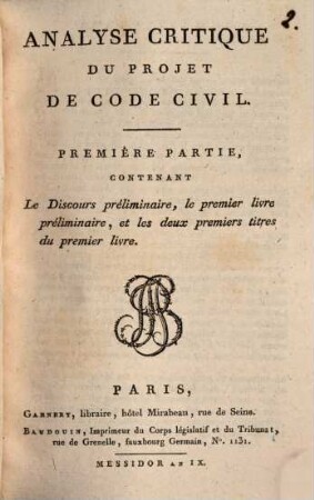 Analyse critique du projet de Code Civil, 1