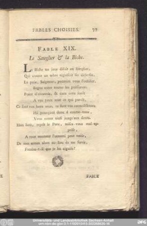 Fable XIX. Le Sanglier & la Biche.
