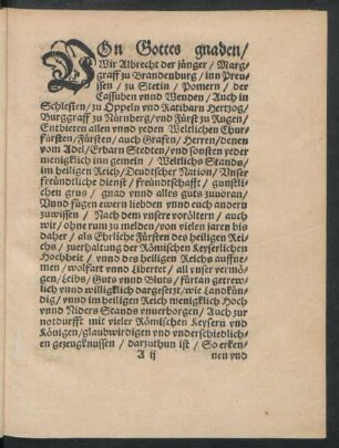 Von Gottes gnaden/ Wir Albrecht der jünger/ Marggraff zu Brandenburg/ in Preussen ...