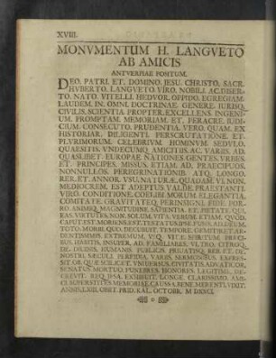 Monumentum H. Langueto ab amicis Antwerpiae positum.