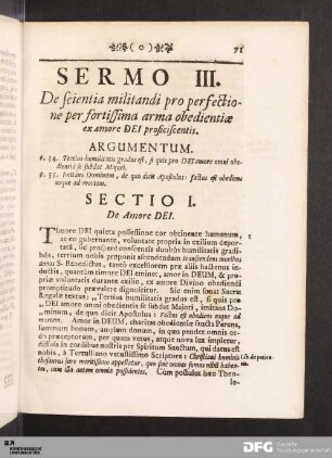 Sermo III. De scientia militandi pro perfectione per fortissima arma obedientiæ ex amore DEI proficiscentis.