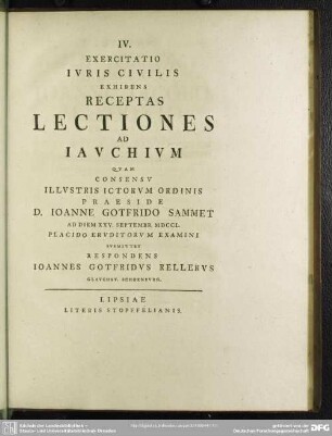IV. Exercitatio Iuris Civilis Exhibens Receptas Lectiones Ad Iauchium
