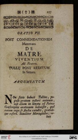 Oratio VII. Post Commendationem Maternam de Matre Viventium Ad Fratres. Tullij Post Reditum In Senatu