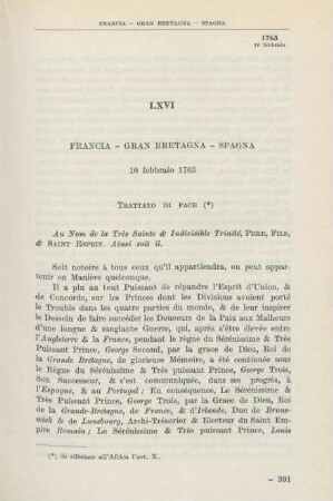 LXVI Francia - Gran Bretagna - Spagna 10 febbraio 1763