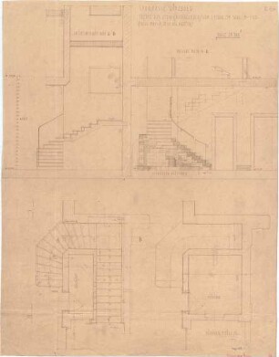 Fischer, Theodor; Würzburg, Münsterplatz; Sparkasse - Treppe vom 1. OG zum Saal (Grundrisse, Ansichten, Schnitt)
