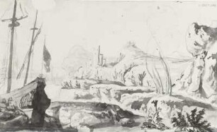 Küstenlandschaft mit Schiffsheck