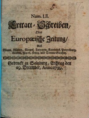 Extract-Schreiben oder Europäische Zeitung aus Wien, Lisabon, Neapel ...