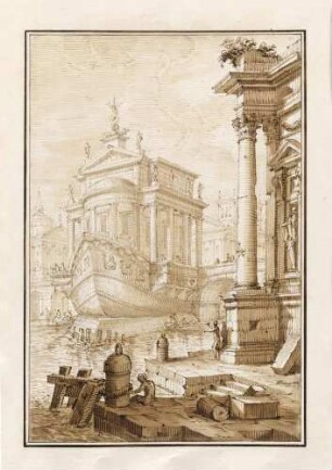 Architekturphantasie in Anlehnung an die römische Isola Tiberina, aus den "Disegni di Prospettiva Ideale", Bl. 38