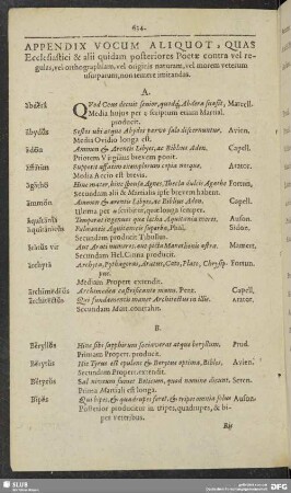 Appendix Vocum Aliquot, Quas Ecclesiastici & alii quidam posteriores poetae contra vel regulas, vel orthographiam, vel originis naturam, vel morem veterum usurparunt, non temere imitandas