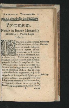 Prooemium. Naenia in funere Monachi: obtsatio: Partes huius Libelli.