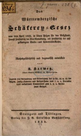 Das Württembergische Schäferey-Gesez vom 9. April 1828