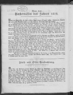 Von den Finsternissen des Jahres 1819.