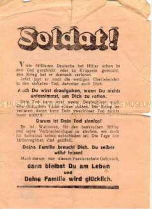 Sowjetisches Abwurf-Flugblatt zur Sinnlosigkeit der Fortsetzung des Krieges (mit Passierschein)