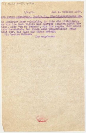 Brief an Ossip Schnirlin : 01.10.1922