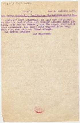 Brief an Ossip Schnirlin : 01.10.1922