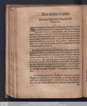 Das neundte Capittel. Von dem Glück und Unglück deß Bergwercks.