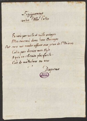 Nicolas Boileau Despréaux (1636-1711) Autographen: Epigramm auf Charles Cotin - BSB Autogr. Boileau Despréaux, Nicolas