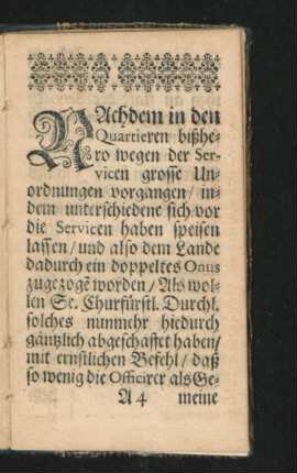 Nachdem in den Quartieren bisshero wegen der Servicen grosse Unordnungen vorgangen ...