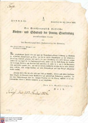Rundschreiben des Hessischen Kirchen- und Schulrats der Provinz Starkenburg Protestantischen Teils betreffend den Administrativstempel von Attestaten