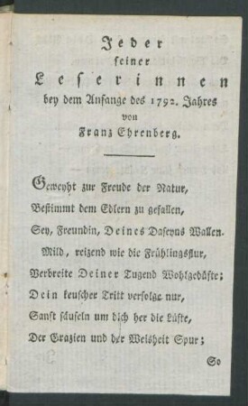 Jeder seiner Leserinnen bey dem Anfange des 1792. Jahres von Franz Ehrenberg