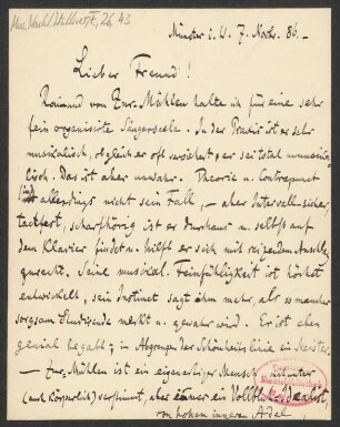 Briefkarte an Franz Wüllner : 07.11.1886