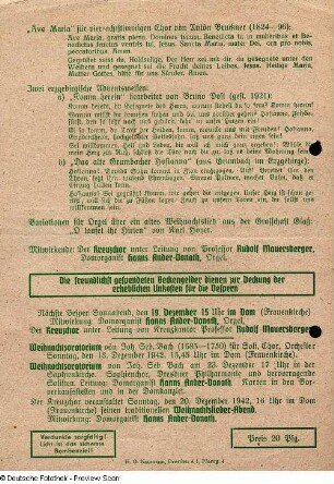 Programmzettel der 277. Vesper im Dom (Frauenkirche) zu Dresden am 12. Dezember 1942. Rückseite