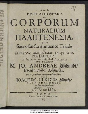 Disputatio Physica De Corporum Naturalium Palingenesia