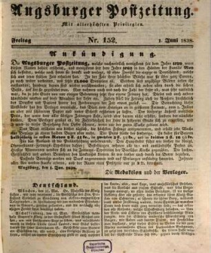 Augsburger Postzeitung. 1838, [2] = 7 - 12