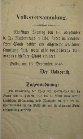 Volksversammlung. Fulda, am 16. September 1848.