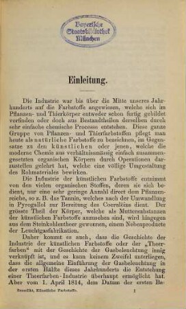 Die künstlichen Farbstoffe (Theerfarben) : ihre Darstellung, Eigenschaften, Prüfung, Erkennung und Anwendung